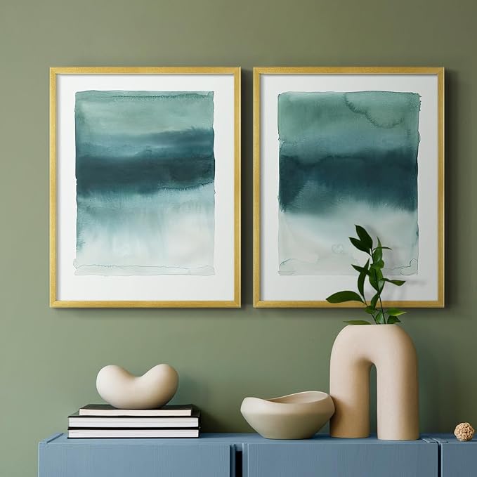 Renditions Gallery Set of 2 Peel & Stick Framed Prints, Tie Dye Abstract Wall Art, Sage Green Watercolor Horizon Wall Decor, Re-Stickable - Ready to Hang - 8"x10" - GOLD Frame LT588