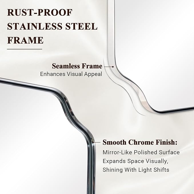 ANDY STAR 30x48 Inch Chrome Mirror, Large Polished Chrome Rectangle Mirror, Scalloped Edge Design with Anti-Rust Stainless Steel Metal Thin Frame Deep 1’’, Wall-Mount Vertically or Horizontally