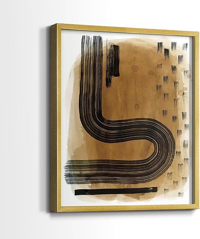 Renditions Gallery Set of 2 Peel & Stick Framed Prints, Abstract Wall Art, Hand Drawn Ink Curves Wall Decor, Re-Stickable - Ready to Hang - 16"x20" - GOLD Frame LT588