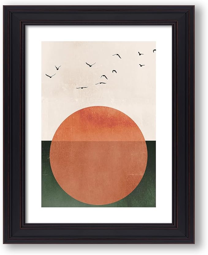 Vintage Framed Japanese Minimalist Sunset With Bird Wall Art Nature Geometric Abstract Poster Modern Mid Century Eclectic Canvas Prints for Living Room Gallery Home Decor 16x20 inch