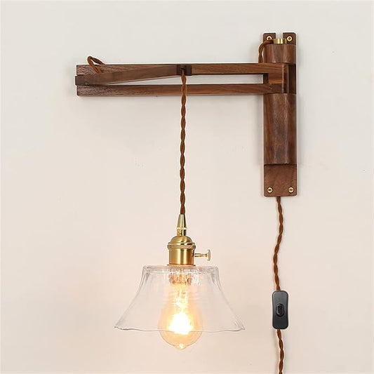 Classic Retro Walnut Lamp, Ceramic/Glass/Bronze Lampshade, Long Arm Swing Arm Folding Adjustable Wooden Light, Indoor Lighting, Sconce, Decoration (F)