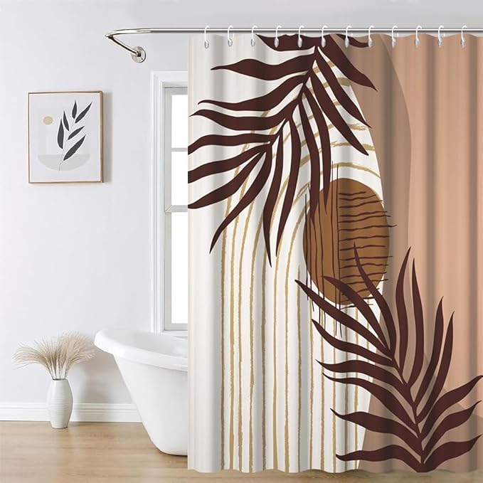 Modern Bohemia Shower Curtain for Bathroom Brown Abstract Minimalist Bathroom Set Decor Stripes Arch Sun Palm Leaves Chic Aesthetic Washable Waterproof Polyester Fabric with Hooks 69x70 Inch