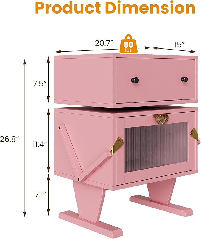 RoyalCraft Large Nightstand with LED Lighs, Pink End Table with 360°Rotating Drawer, Modern Bedside Table with Storage, Wood Night Stand for Bedroom, Home Office, Pink