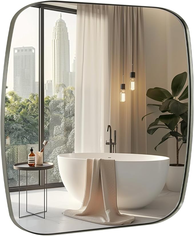 ANDY STAR Brushed Nickel Bathroom Mirror, 24x24 Oblong Mirror with Stainless Steel Metal Frame, Silver Vanity Mirror for Over Sink, Modern Anti Rust Wall Mounted