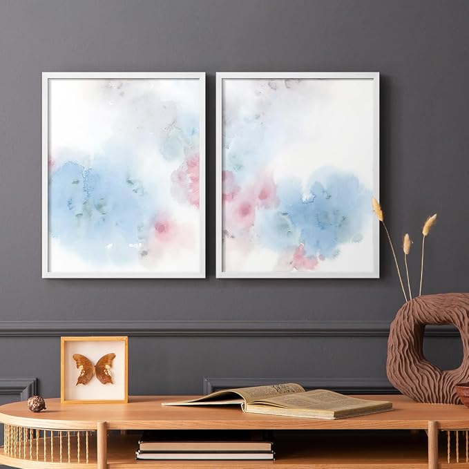 Renditions Gallery Set of 2 Peel & Stick Framed Prints, Watercolor Abstract Wall Art, Cotton Candy Splash Wall Decor, Re-Stickable - Ready to Hang - 8"x10" - White Frame LT588