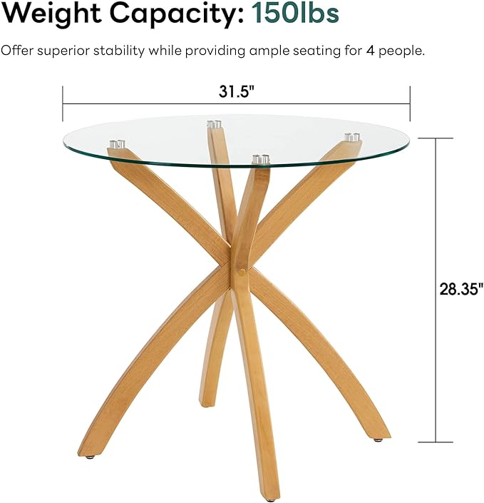 ivinta Small Glass Dining Table for 2-4 People, 31.5" Round Coffee Table with Solid Wood Legs, Mid-Century Modern Kitchen Table for Dining Room, Living Room, Restaurant, CURD-80 (Natural Wood)