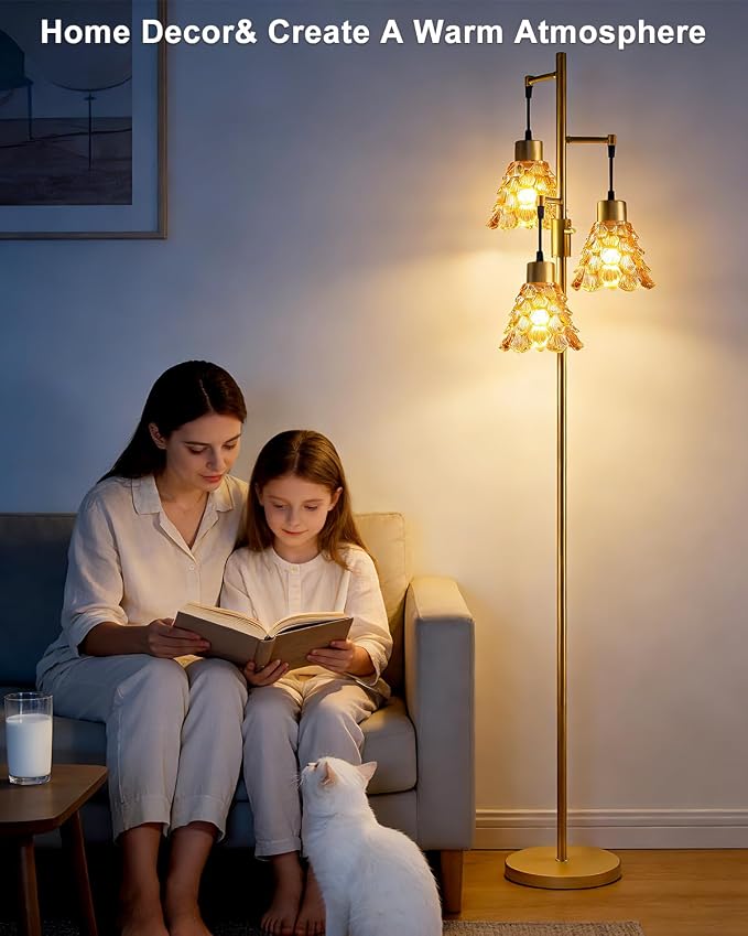 3-Light Modern Glass Floor Lamp, Gold Standing Tall Lamp with Amber Pinecone Glass Shade for Reading, Dimmable LED Floor Lamp with 5Lbs Heavy Base for Living Room Bedroom Home Decor, Bulb Included