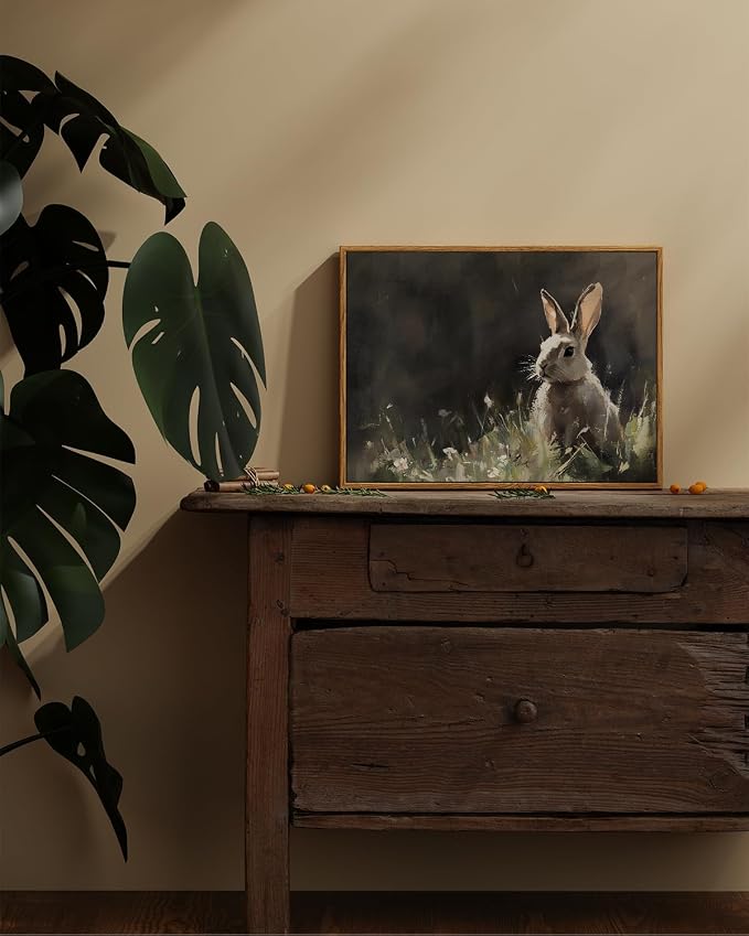 ARPEOTCY Vintage Framed Canvas Wall Art, Cute Bunny Wall Art for Living Room Bedroom, Rustic Moody Rabbit Spring Painting Pictures Home Decor for Easter Decoration (12x16 Inch)