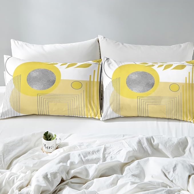 Erosebridal Yellow and White Abstract Boho Duvet Cover Full Size Minimalist Aesthetic Neutral Comforter Cover Mid Century Modern Bedding Set Botanical Leaves Geometric Bed Set
