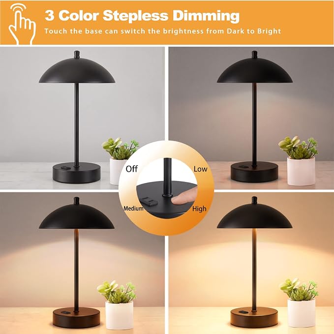 Modern LED Desk Lamp with AC Adapter, 12" 3-Way Dimmable Touch Bedside Reading Lamp, Minimalist Black Small Nightstand Table Lamp with Mushroom Dome Shade for Bedroom Living Room Office, Bulb Included