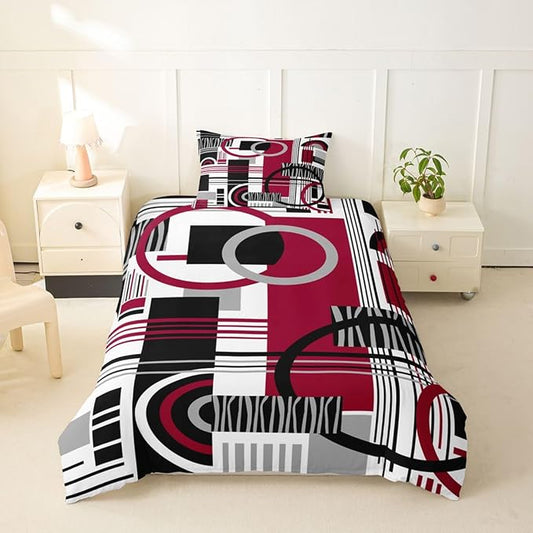 Art Deco Mid Century Duvet Cover Set Retro Modern Abstract Geometric Girl Toddler Bedding Set for Toddler Boys Black and White Burgundy Circles Stripes Comforter Cover Contemporary Bed Sets