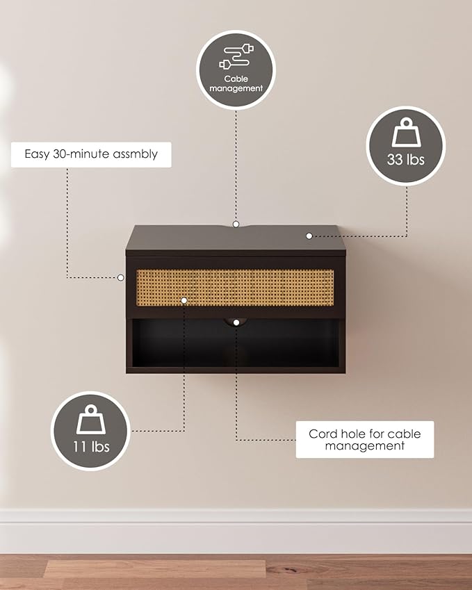 Floating Nightstand With Drawer - Small Modern Shelves for Bedroom, Bathroom (Black Rattan)