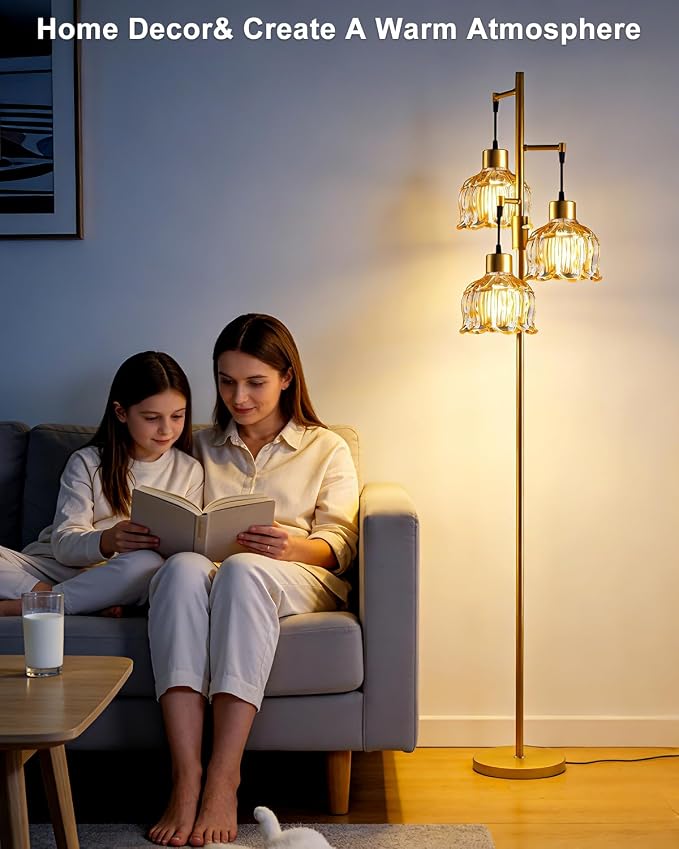 3-Light Modern Glass Floor Lamp, Gold Standing Tall Lamp with Amber Vertical Rib Glass Shade for Reading, Dimmable LED Floor Lamp with 5Lbs Heavy Base for Living Room Bedroom Home Decor, Bulb Included