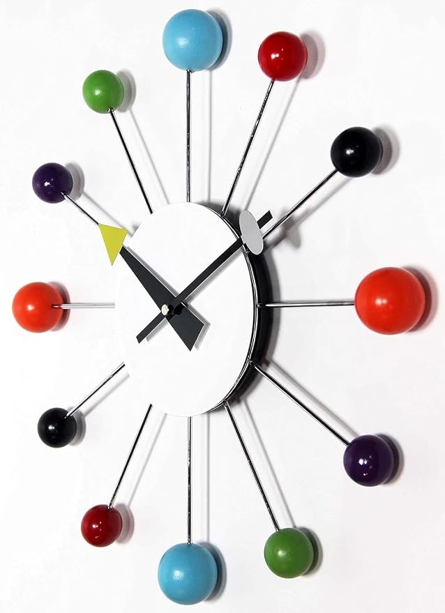 Infinity Instruments Orb Spoke Midcentury Modern 15 inch Retro Starburst Ball Wall Clock Quiet Quartz Movement Mid Century Decorative, Multi, Multicolor