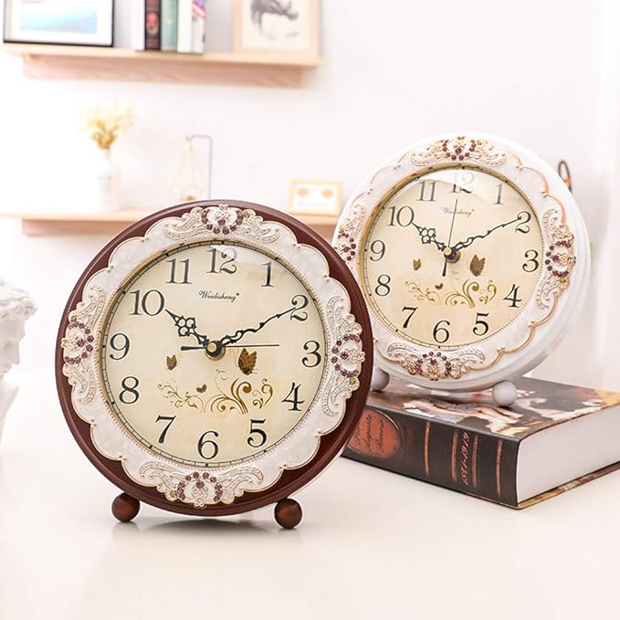 Justup Vintage Table Clock, Retro Non-Ticking European Style Beside Desk Clock Battery Operated Silent Quartz Movement for Bedroom Living Room Indoor Decor (Brown)
