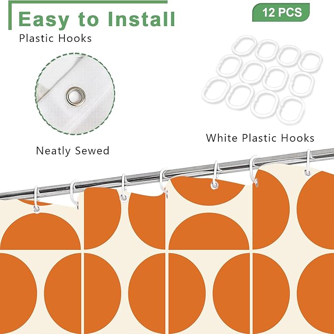 Orange Mid Century Modern Shower Curtain, Boho Abstract Geometric Retro Art Bath Curtains For Bathroom, Colorful Unique Pattern Waterproof Polyester Fabric Bathroom Accessories Set 12 Hooks 72X78IN