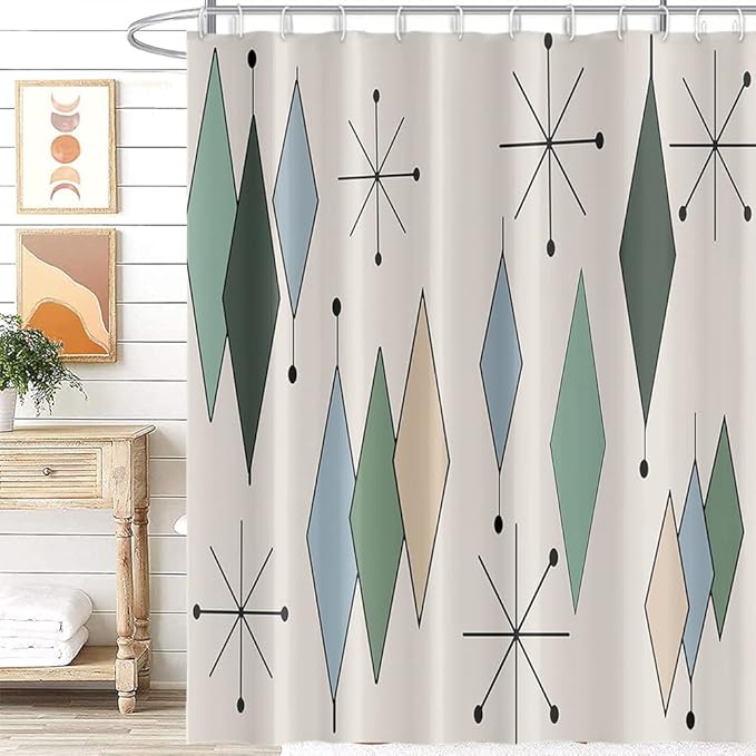 Mid Century Shower Curtain Modern Abstract Diamond Geometric Atomic Starburst Pattern for 1950s Retro Bathroom Decor Accessories Shower Curtain Set with 12 Hooks, 72x96 Inches