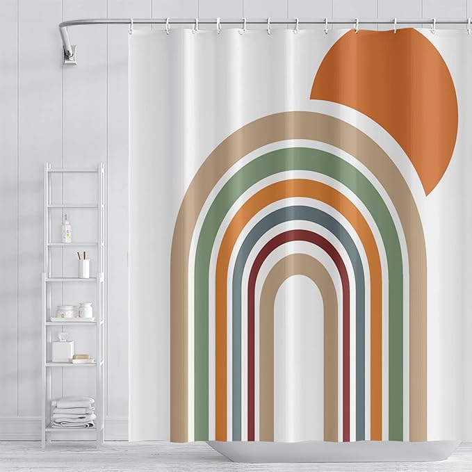 Mid Century Bohemian Bathroom Shower Curtain Colorful Stripes Arch Orange Sun Boho Shower Curtain with Hooks Waterproof Fabric Polyester Shower Curtain Aesthetics Home Decor, 60x72 Inch