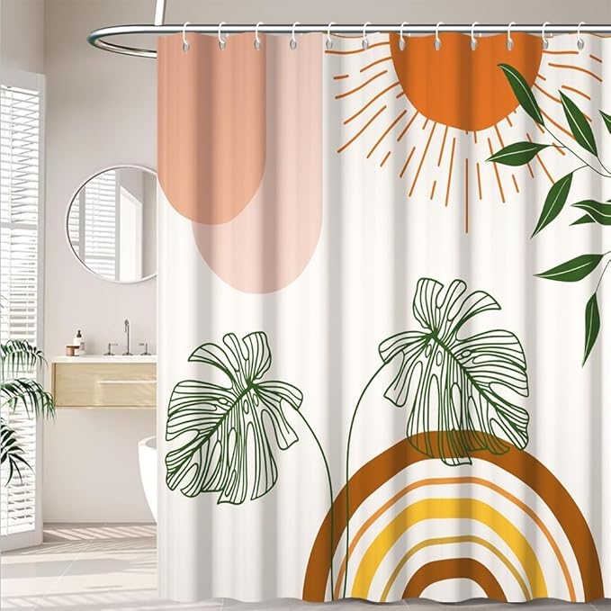 Mid Century Boho Shower Curtain for Bathroom Green Leaves Red Sun Arch Stripes Shower Curtains Modern Bohemian Abstract Bathroom Decor Set Washable Waterproof Polyester Fabric with Hooks 54x72 Inch