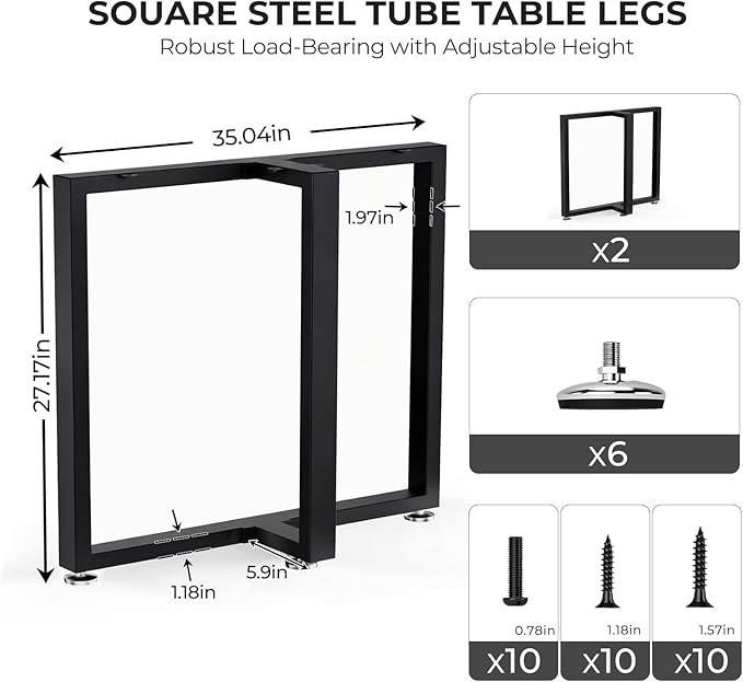 Table Legs 28”H x 35”W Heavy Duty Metal Furniture Legs T Shape for Dining Table Kitchen Table Office Desk Table Base Replacement with Adjustable Feet Pads Screws 1000 LBS Load Black Set of 2