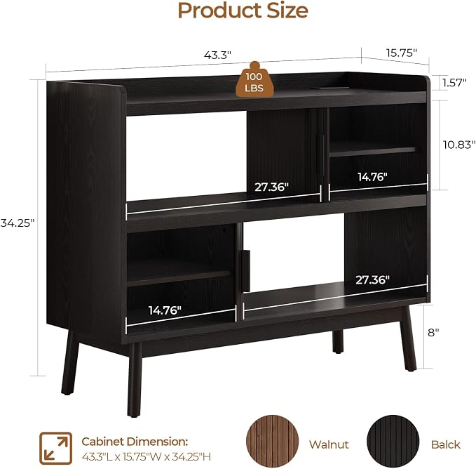 Mid-Century Modern Buffet Sideboard Cabinet with Outlet, 44" Sideboard Buffet Cabinet with Sliding Door & Adjustable Shelves, Fluted Accent Coffee Bar Console Table with Wooden Feet (Black)
