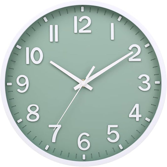 Wall Clocks Battery Operated 12 inch Modern Wall Clock,Silent Non Ticking Wall Clock for Living Room Bedroom Kitchen Office Classroom Decor (Green White)
