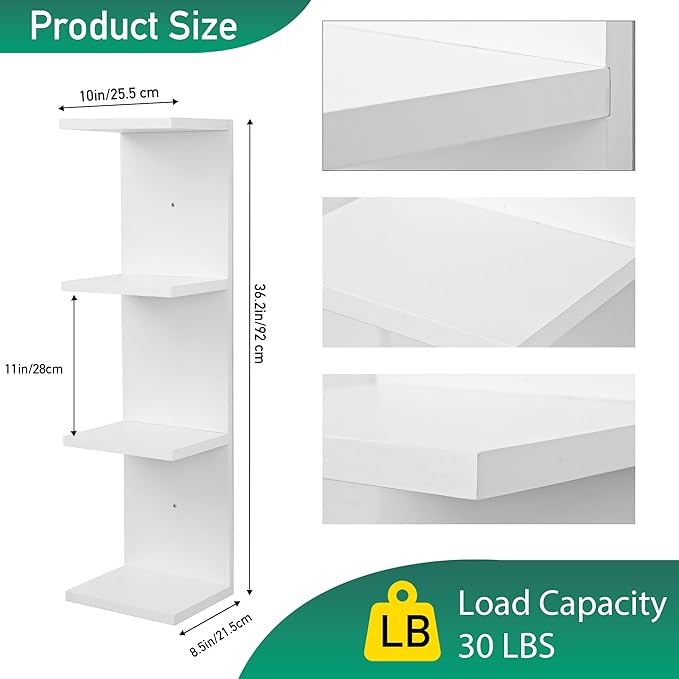 4 Tier Wall Shelf Unit,Vertical Column Floating Storage Home Decor Organizer,White Lack Wall Shelf for Bedroom,Living Room,Office Decor(2 Pack)