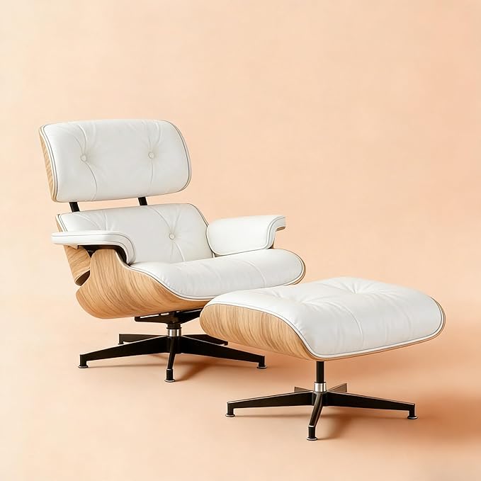 Mid-Century Genuine Top Grain Leather Chaise Lounge Chair & Ottoman, Solid Oak Wood Base, Classic Modern Armchair for Living Room