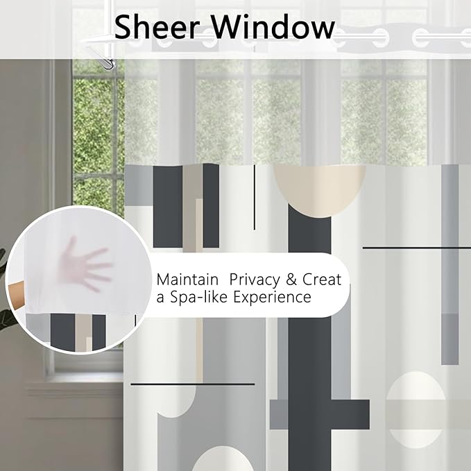 No Hook Shower Curtain with Snap in Liner - Gray & Beige Modern Geometric Shower Curtain with See Through Top Window, Waterproof Cloth Fabric, 71x74 Inch