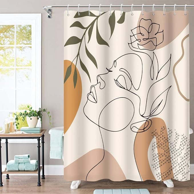 Abstract Woman Face Bathroom Shower Curtain - Mid Century Boho Modern Geometric With Hooks, Polyester Waterproof Fabric, Minimalist Art Line Aesthetic, 60x72 Inch