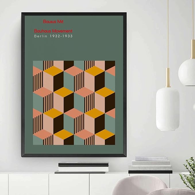 Canvas Painting Poster and Print Pictures Bauhaus Exhibition Poster Geometric Minimalist Abstract Wall Art Print Mid Century Modern Orange Sage Green Decor Bedroom and Kitchen Office Wall Decoration 16x24inch metal frame