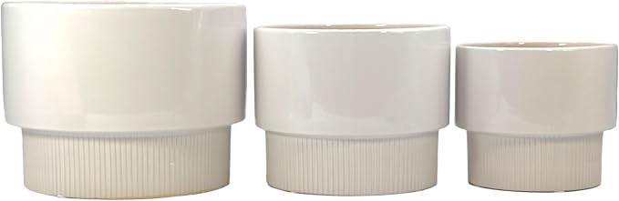 Galt International Set of 3 (8", 10", 12") Mid Century Modern Off White Flat Ribbed Ceramic Planter Pots Flower Pot Indoor House Plants Decor w/Drainage Hole & Plug