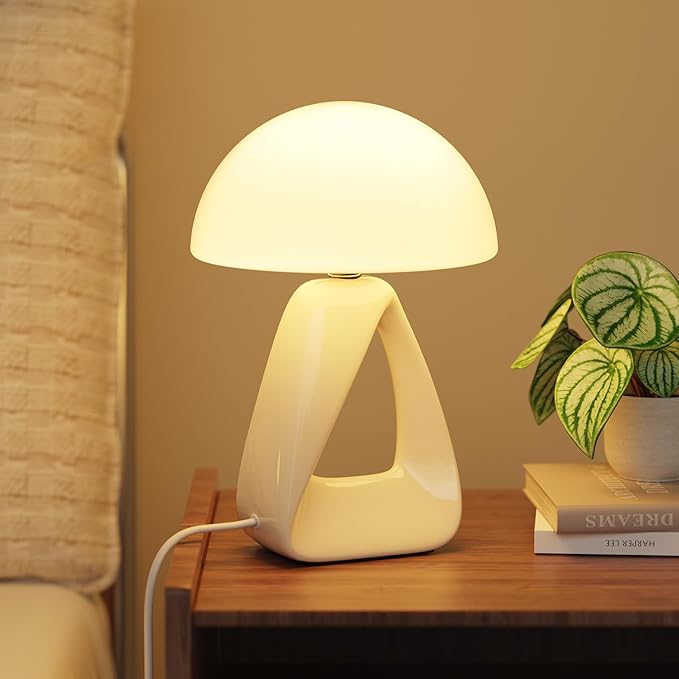 Mushroom Lamp, Small Table Lamp for Bedroom, Creative Geometric Ceramic Base Bedside Lamp, Mid Century Modern Side Table Lamp for Living Room Nightstand, Unique Aesthetic Home Decor Gift Ideas, White