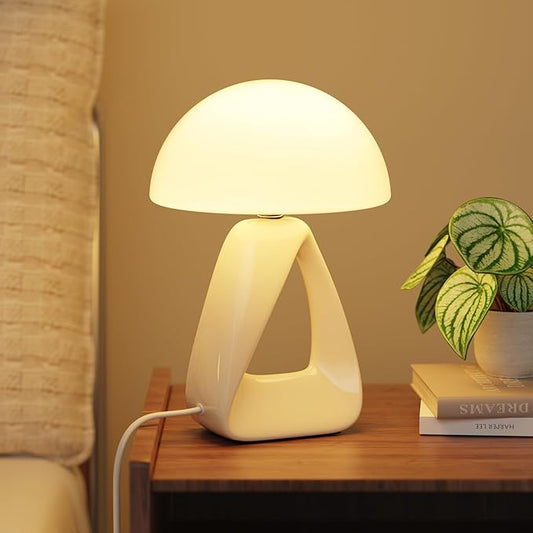 Mushroom Lamp, Small Table Lamp for Bedroom, Creative Geometric Ceramic Base Bedside Lamp, Mid Century Modern Side Table Lamp for Living Room Nightstand, Unique Aesthetic Home Decor Gift Ideas, White