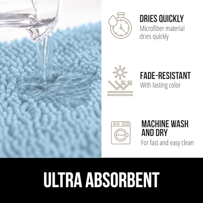 GORILLA GRIP Bath Rug Mat, Thick Soft Absorbent Chenille, Quick Dry Microfiber Mats, Rubber Backing Washable Shower Floor Rugs, US Designed Bathroom Bathmat Home Decor Accessories, 24x17, Sky