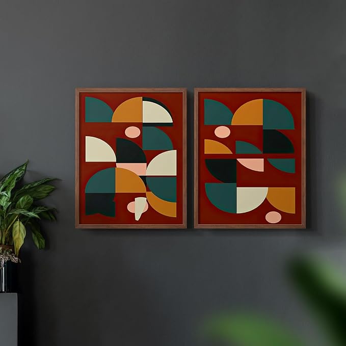 Renditions Gallery Set of 2 Peel & Stick Framed Prints, Mid Century Abstract Wall Art, Modern Geometric Shapes Wall Decor, Re-Stickable - Ready to Hang - 11"x14" - Walnut Frame LT588