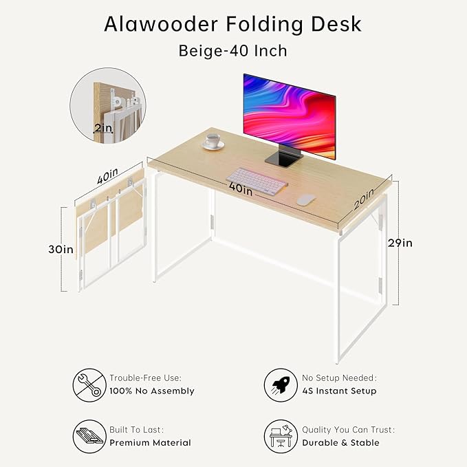 alawooder Folding Desk - 39.4” Wood Top Foldable Desk for Small Spaces | No Assembly Required Compact Desk for Home Office, Writing, and Study