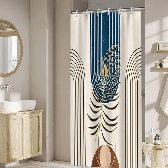 Mid Century Boho Shower Curtain for Bathroom Modern Abstract Minimalist Bathroom Decor Set Plant Leaves Arch Sun Bathtub Curtains Machine Washable Waterproof Polyester Fabric with Hooks 36x72 Inch