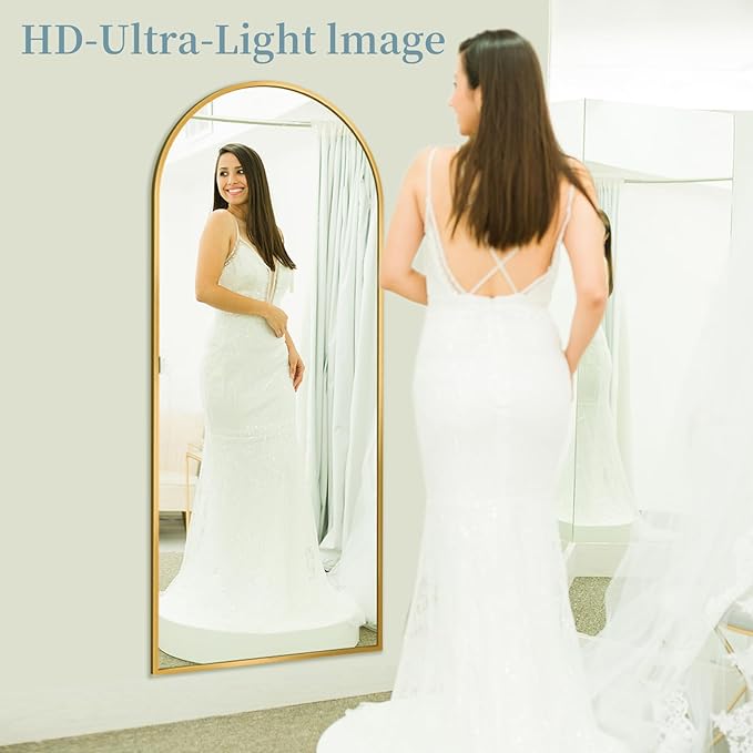 Full Length Mirror with Stand, 58"x19" Arched Full Body Mirror, Large Stand Up Aluminum Frame Floor Freestanding Hanging Leaning Mounted for Bedroom Living Room Entryway Gold