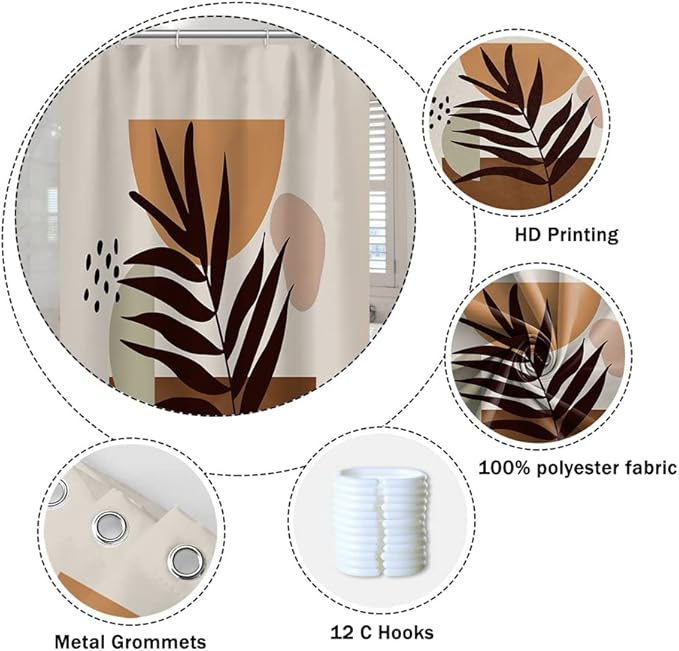 Mid Century Brown Boho Shower Curtain 72x78 Inch Abstract Semicircle Geometric Plant Leaves Sun Modern Minimalist Shower Curtain for Bathroom with Hooks Waterproof Polyester Fabric