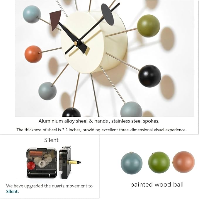 Wood Ball Wall Clock Mid Century Modern Silent Non Ticking Battery Operated 13 Inch Decorative Pop Color Quartz Clocks for Living Room Office Kitchen