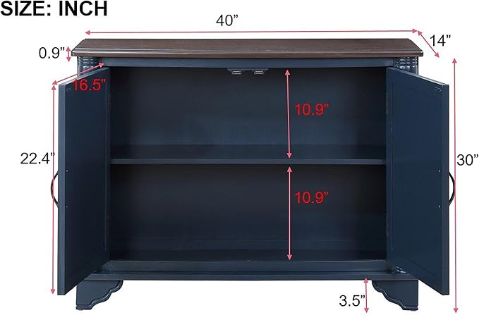 40" Retro Sideboard Storage Cabinet with 2 Doors, Wooden Console Table with Adjustable Storage Shelf, Sofa Table for Hallway, Entry Way, Living Room, Dining Room, Navy Blue and Brown