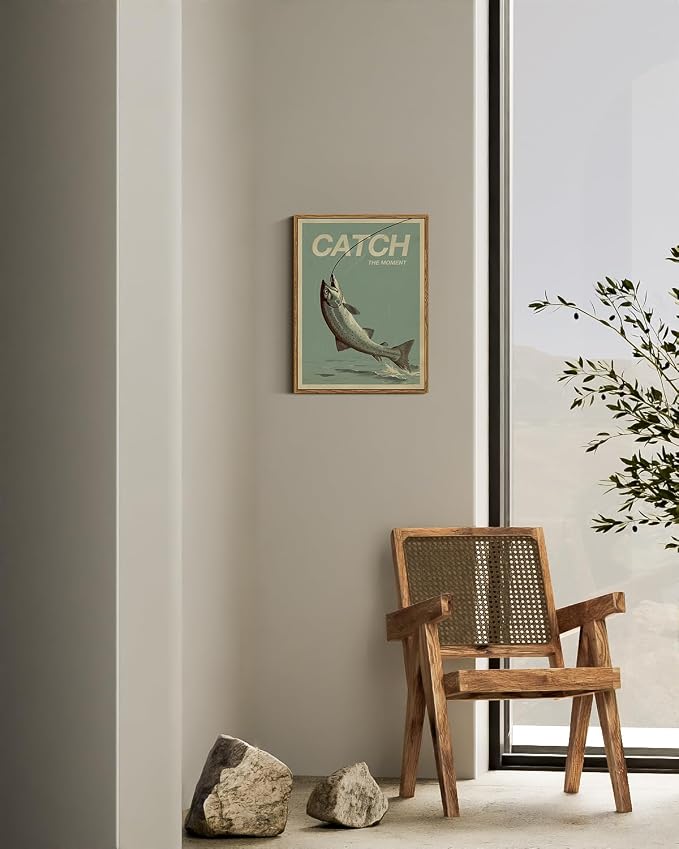 ARPEOTCY Vintage Framed Canvas Wall Art, Vintage Wall Art for Living Room, Catch The Moment Fish Animal Bathroom Picture Decor, Birthday Fathers Day Christmas Fishing Gifts for Men (12x16 Inch)