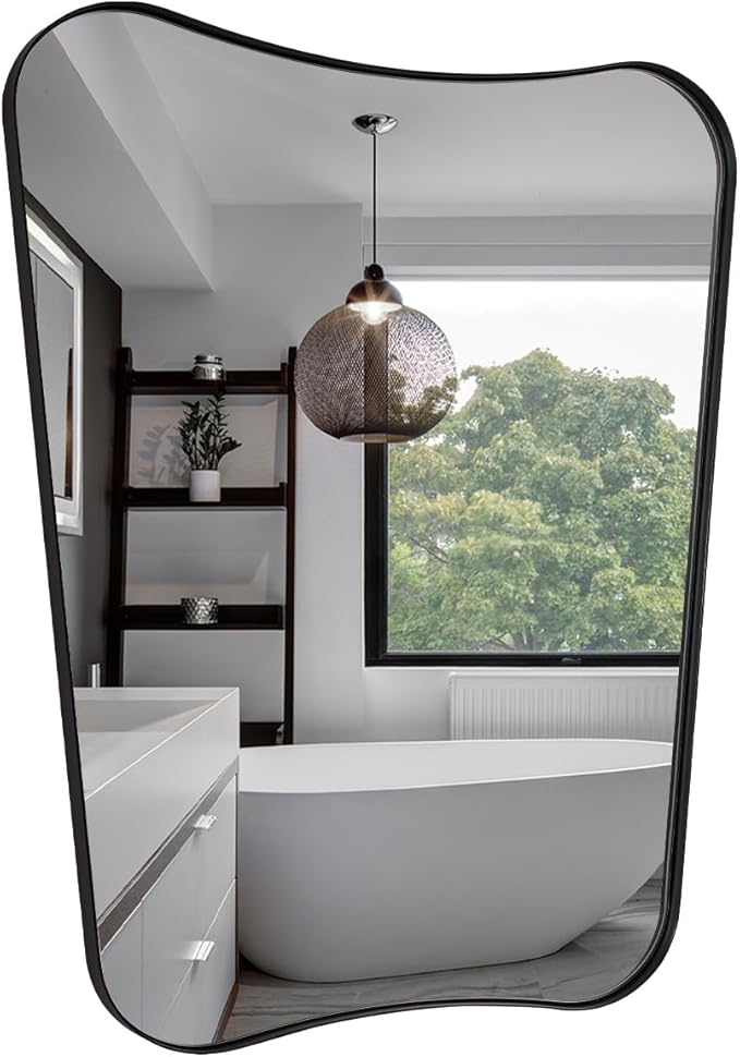 MIRRORTART Contemporary Black Bathroom Mirrors for Wall, 24x32'' Asymmetrical Scalloped Butterfly Rectangle Mirror in 1'' Stainless Steel Metal Frame for Home Decor Wall Mounted Vertical Only