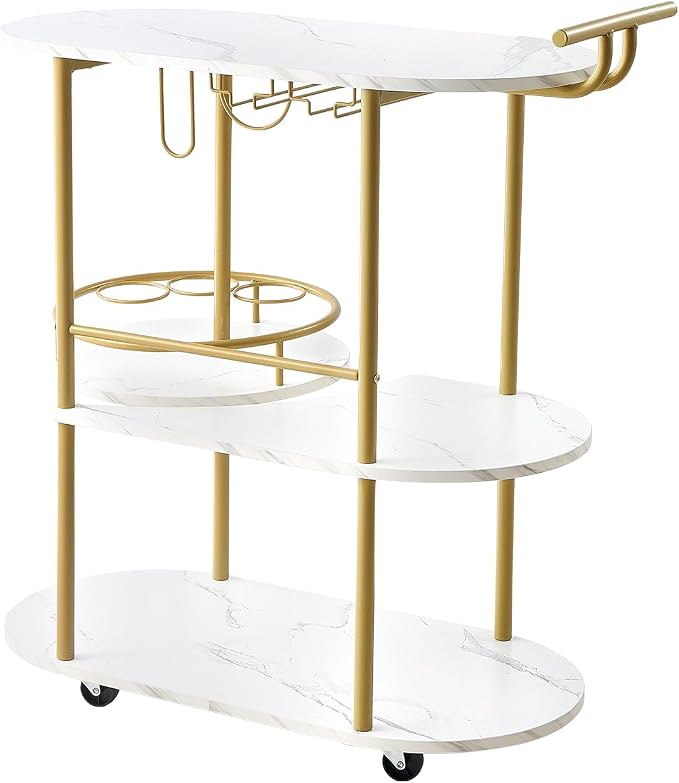 VEVOR Bar Cart, 3 Tiers Home Kitchen Serving Carts, Modern Round Rolling Utility Station on Wheels, Mobile Drink Beverage Trolley w/Wooden Shelf, Wine Rack, Glass Holder, for Living Dining Room, Gold