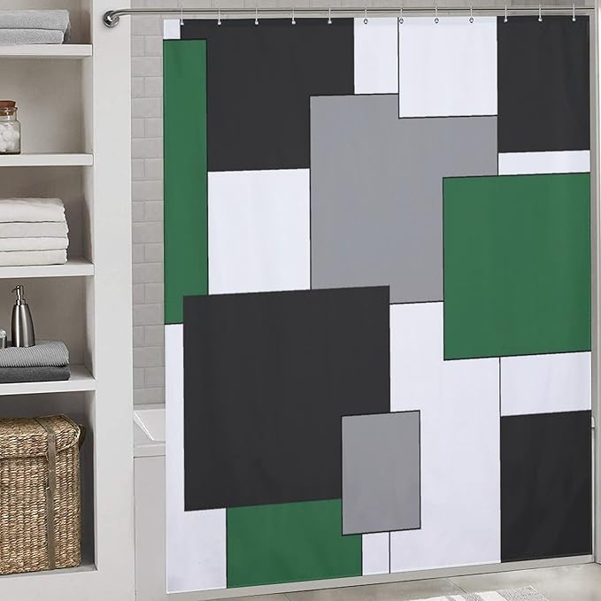 Retro Geometric Shower Curtain,Green Black Modern Geometry Minimalist Neutral Design Bathroom Curtain Polyester Waterproof Fabric Decor 72x72in（183x183cm）
