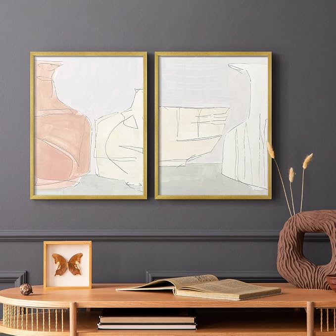 Renditions Gallery Set of 2 Peel & Stick Framed Prints, Neutral Abstract Wall Art, Soft Tones Delicate Linework Wall Decor, Re-Stickable - Ready to Hang - 11"x14" - GOLD Frame LT588