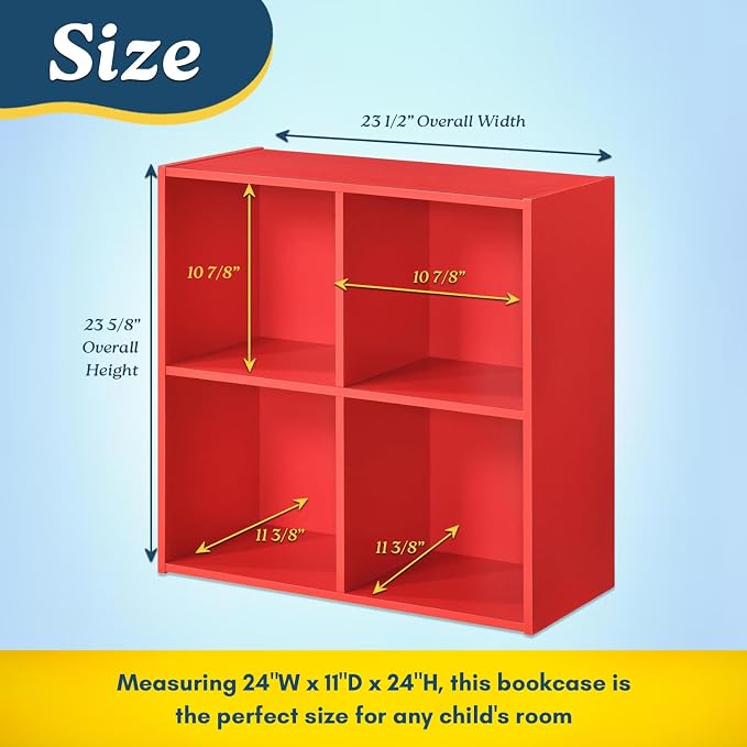 Kings Brand Furniture George 4-Cube Storage Organizer, 2-Tier Bookcase with Wood Shelves for Living Room, Bedroom, Nursery, or Home Office (Red, 1-Pack)