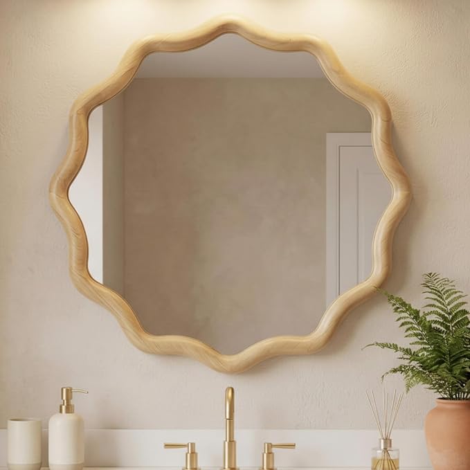 Vercraft 30 Inch Scalloped Wooden Bathroom Round Circle Mirror for Wall, Boho Wavy with Tempered Glass, Natural Frame Hanging for Bedroom, Living Room, Entryway, Farmhouse(Natural Wood Color)