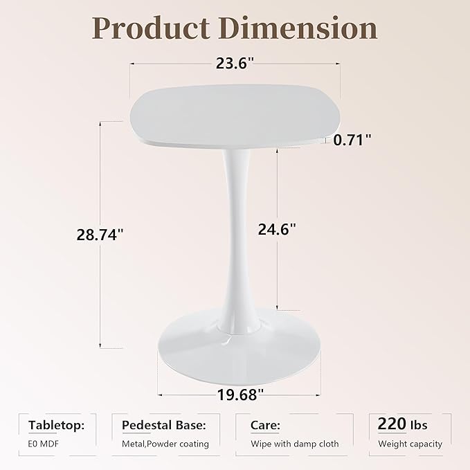 White Square Dining Table,24" Tulip Table with Metal Pedestal,15-Minute Quick Assembly,Mid Century Modern Circle Table for Kitchen Small Places Cafe (White)